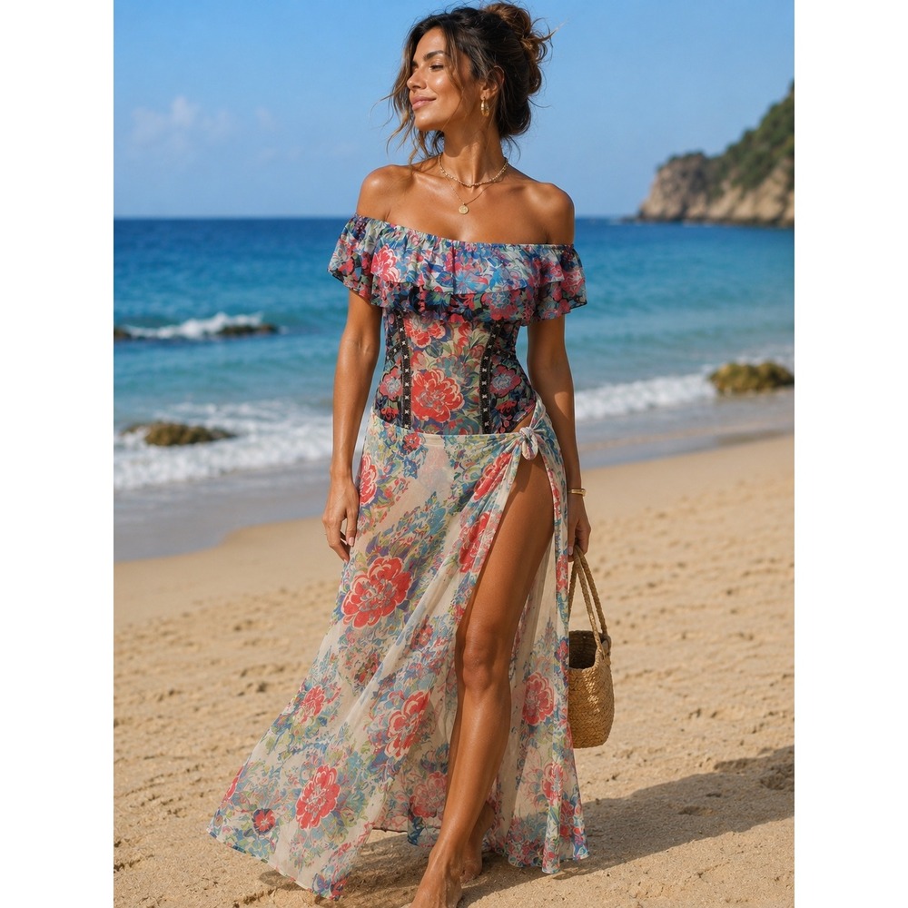 Jealous Tomato Sheer Floral Off Shoulder Ruffle Bodice Bodysuit Small Excellent